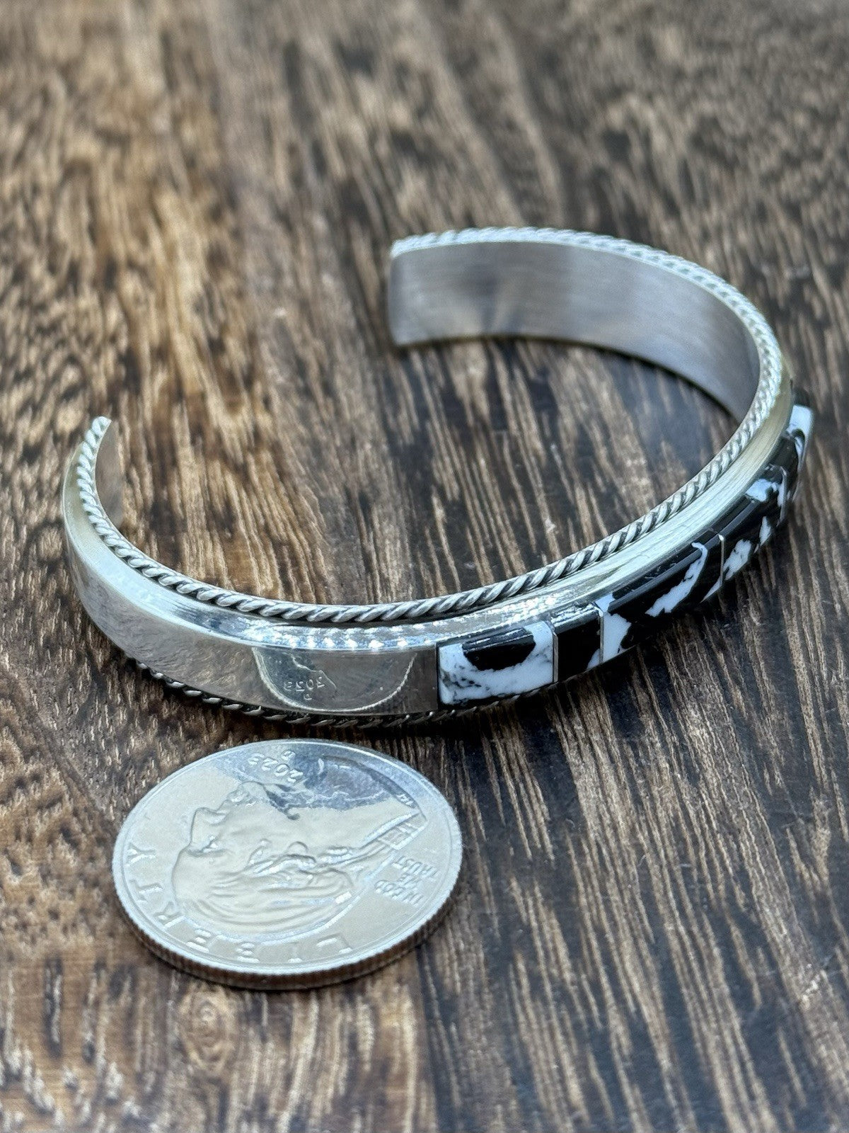 Navajo Handmade Sterling Silver White Buffalo Inlay Cuff Bracelet Francis Yazzie