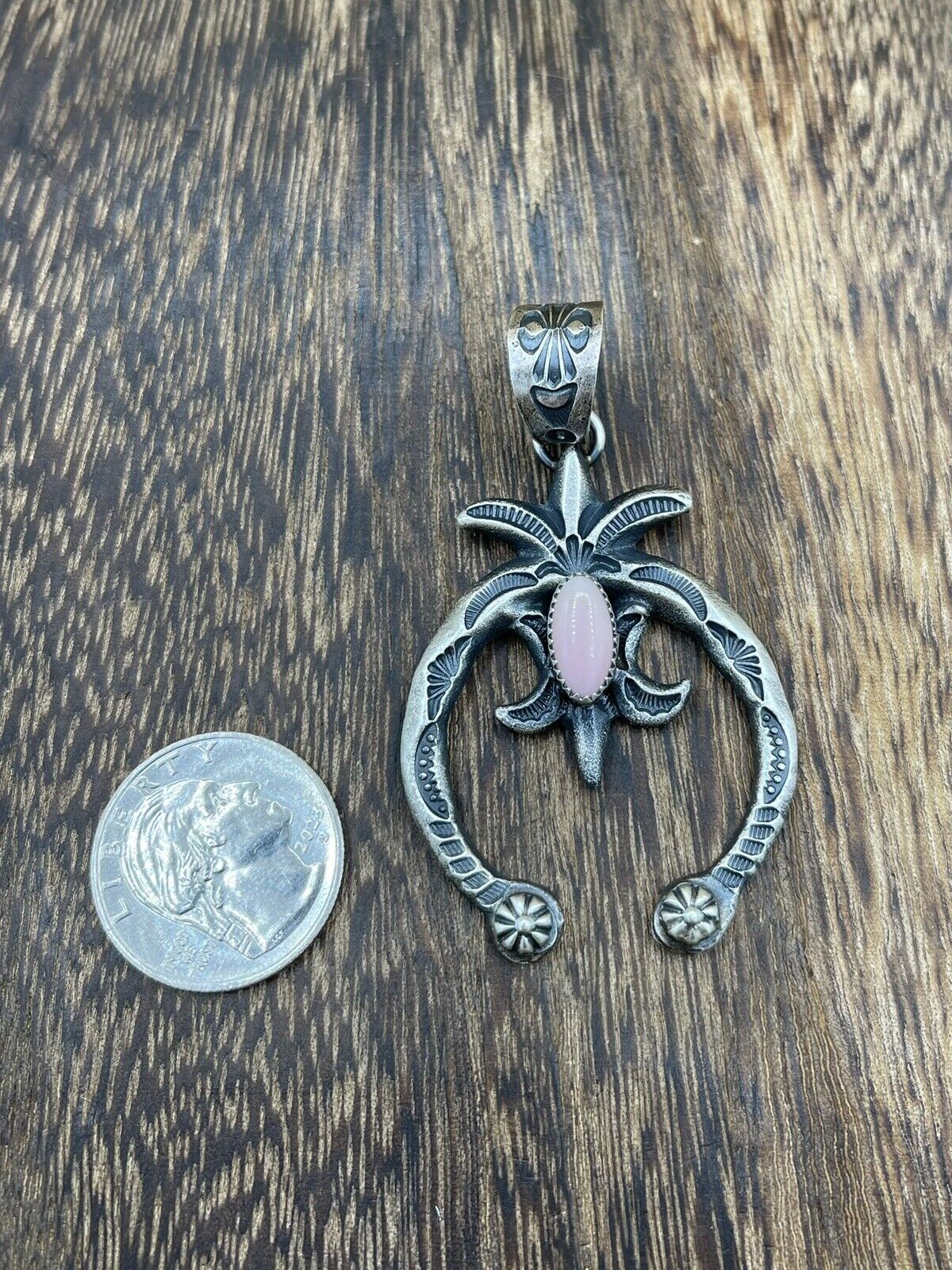 Native American Indian Navajo Handmade Silver Old Look Pink Concho Naja Pendant