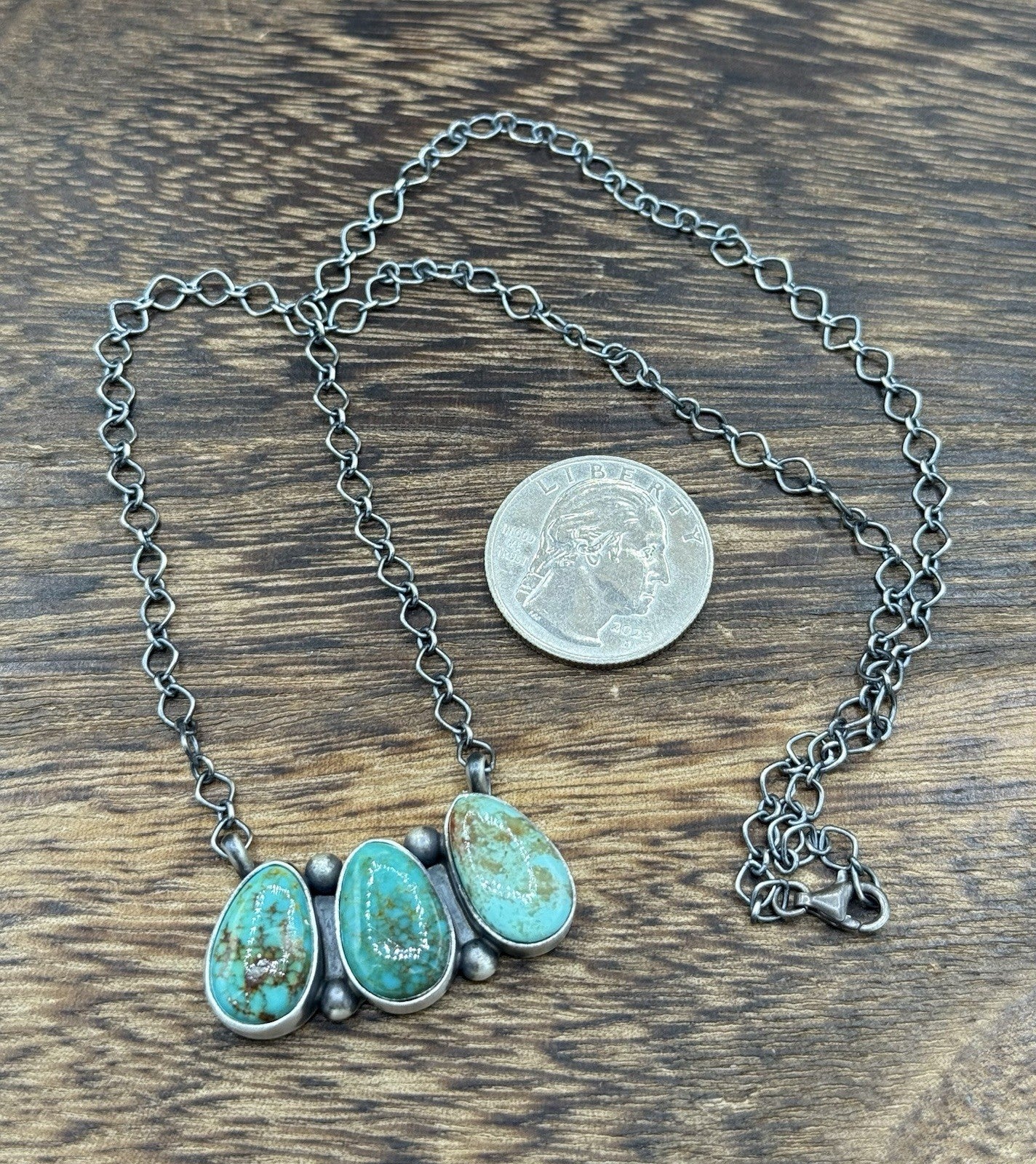 Navajo Handmade Sterling Silver Kingman Turquoise Cluster Bar Necklace 18”