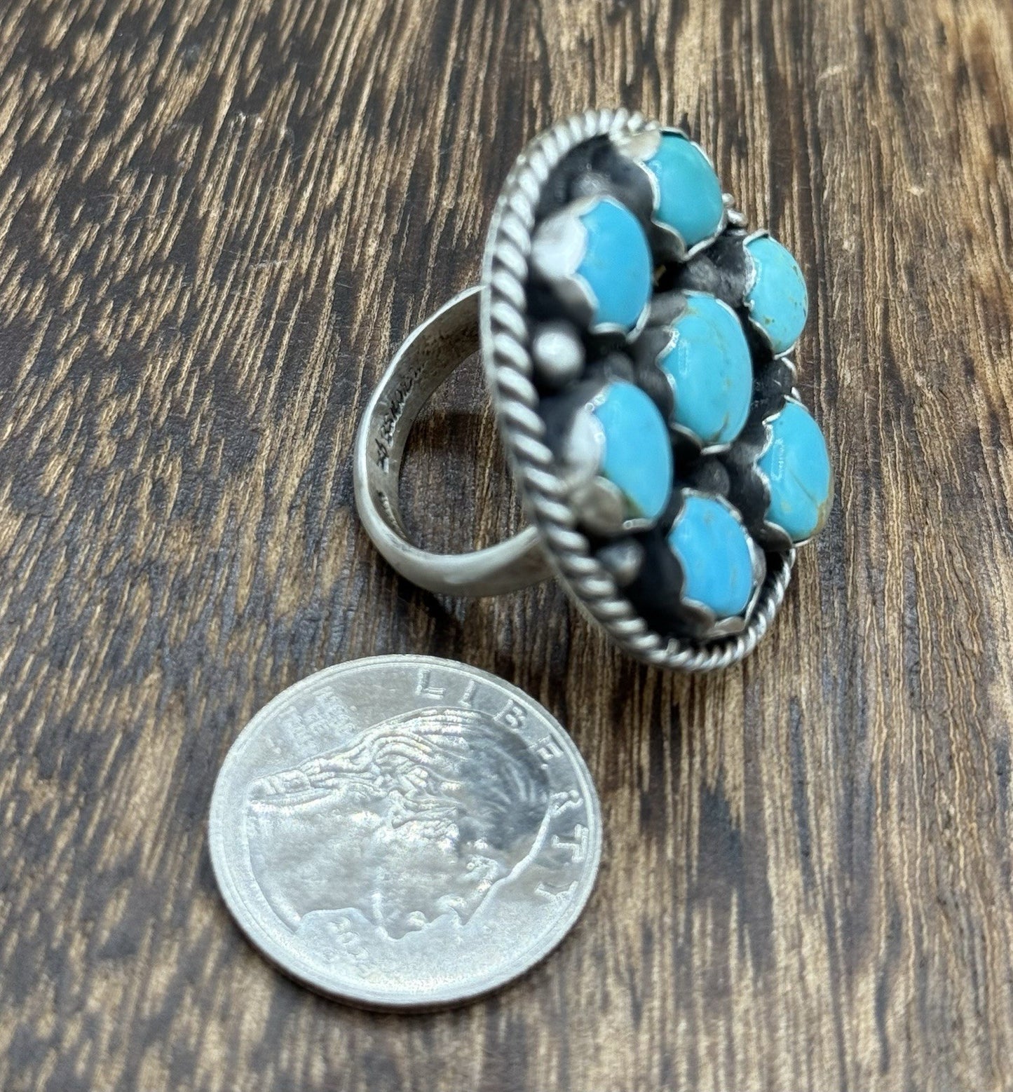 Navajo Handmade Sterling Silver Kingman Turquoise Adjustable Ring Size 7 To 9