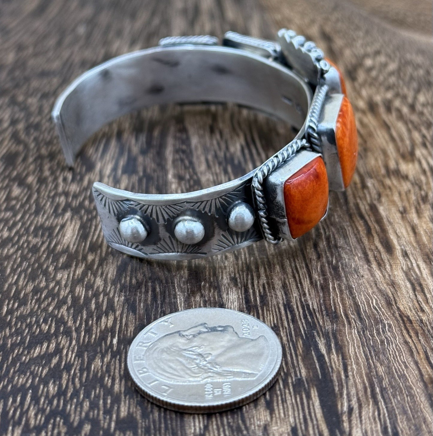 Native Navajo Handmade Sterling Silver Orange Spiny Oyster Shell Cuff Bracelet