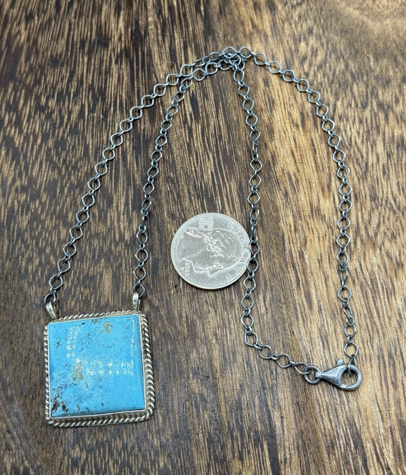 Native Navajo Handmade Sterling Silver Kingman Turquoise Bar Necklace 18”