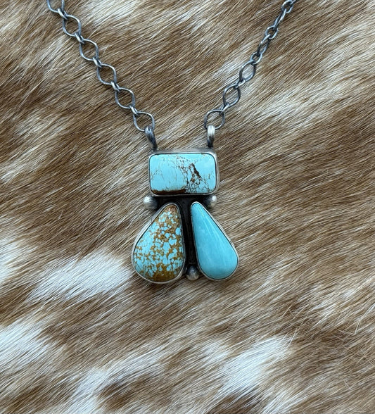 Navajo Handmade Sterling Silver Mixed Turquoise  Cluster Bar Necklace 18”