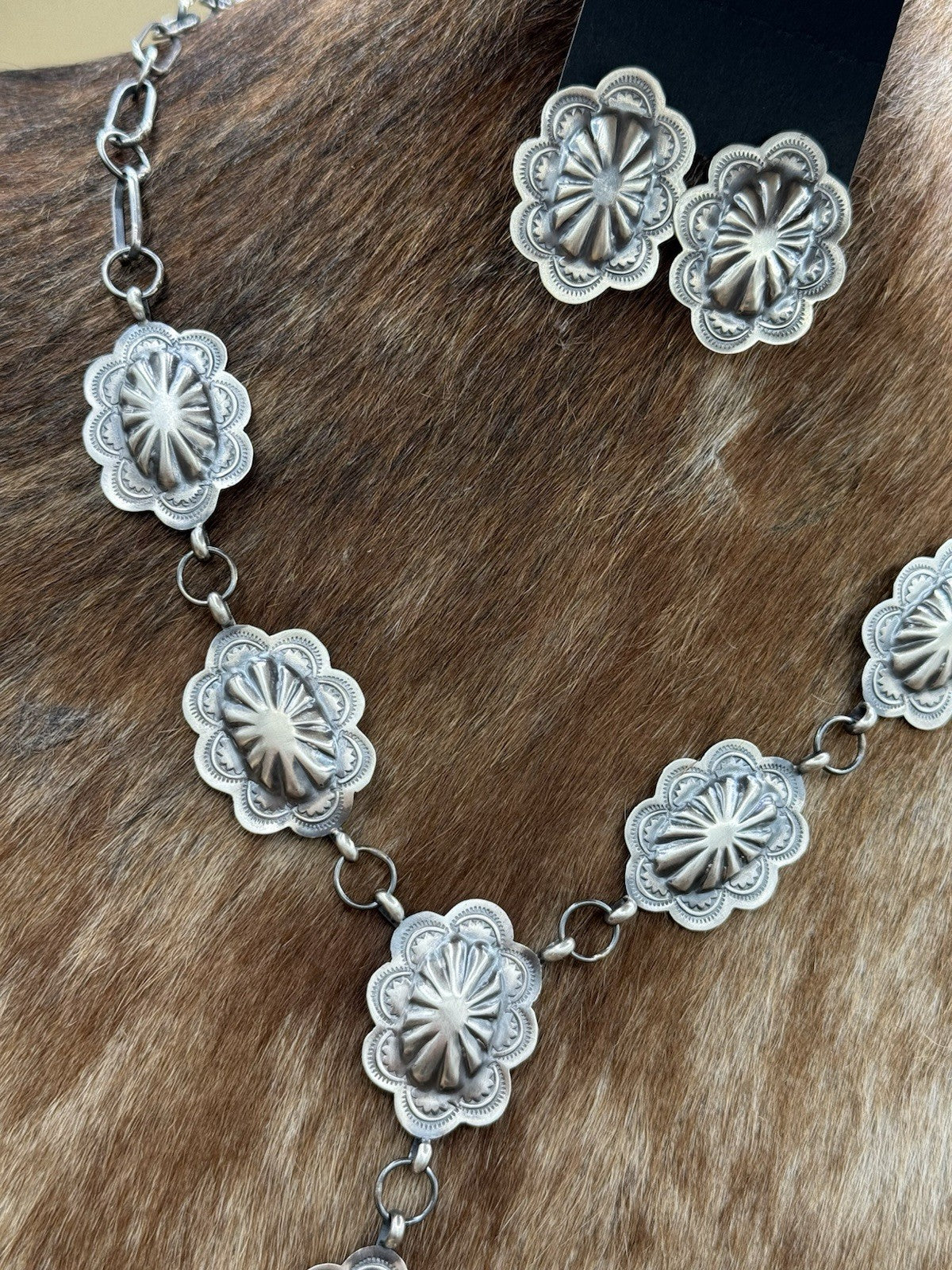 Navajo Handmade Sterling Silver Stamped Concho Old Look Lariat Necklace Set 24”