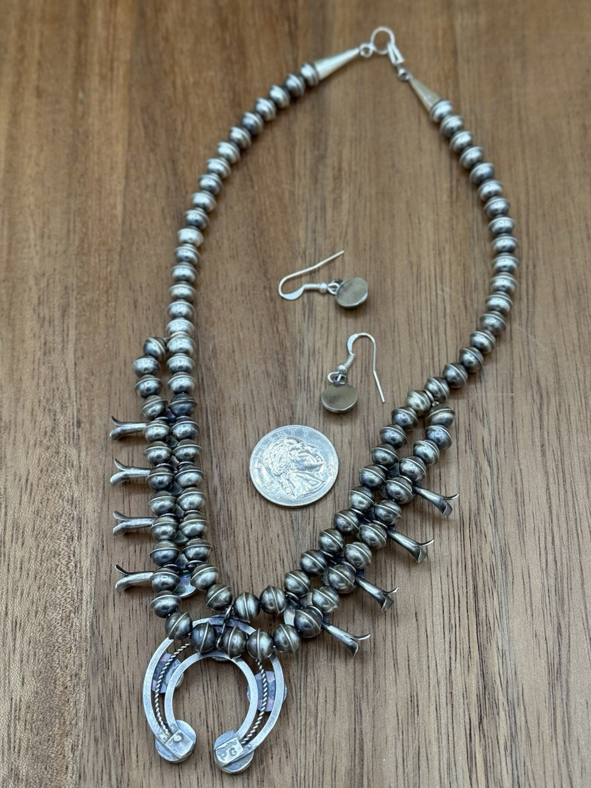 Navajo Handmade Sterling Silver Turquoise Shadowbox Squash Blossom Necklace 17”