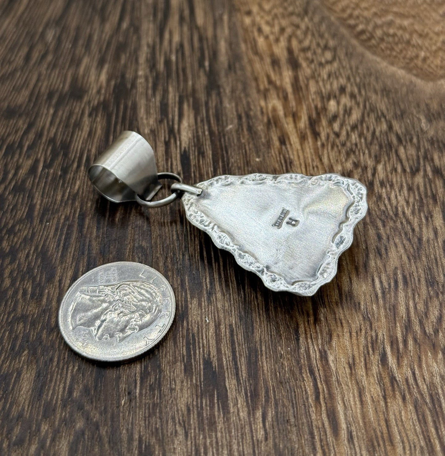 Navajo Handmade Sterling Silver Royston Turquoise Stamped Design Drop Pendant