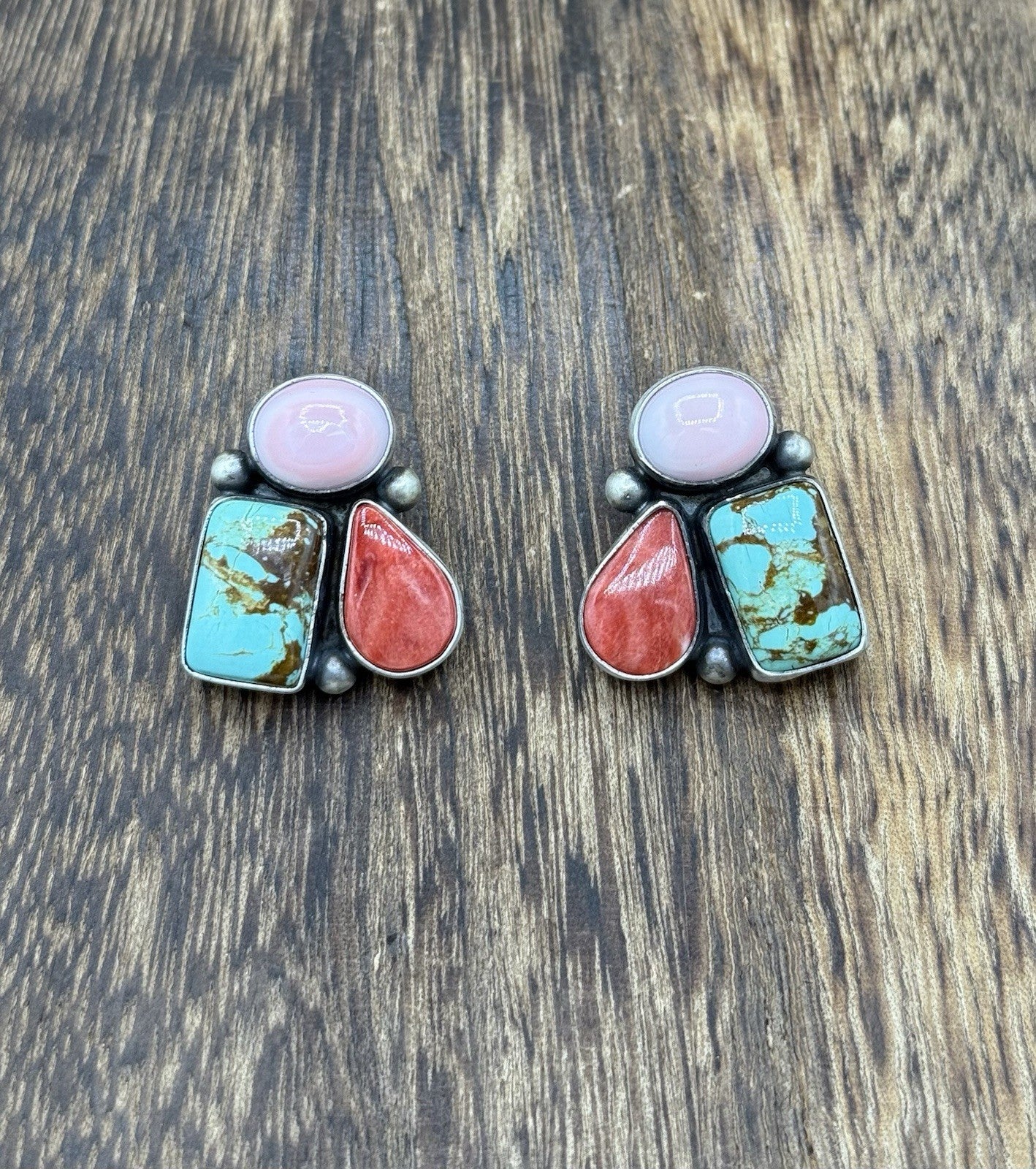 Navajo Handmade Sterling Silver Multi Color Turquoise Spiny Cluster Earrings