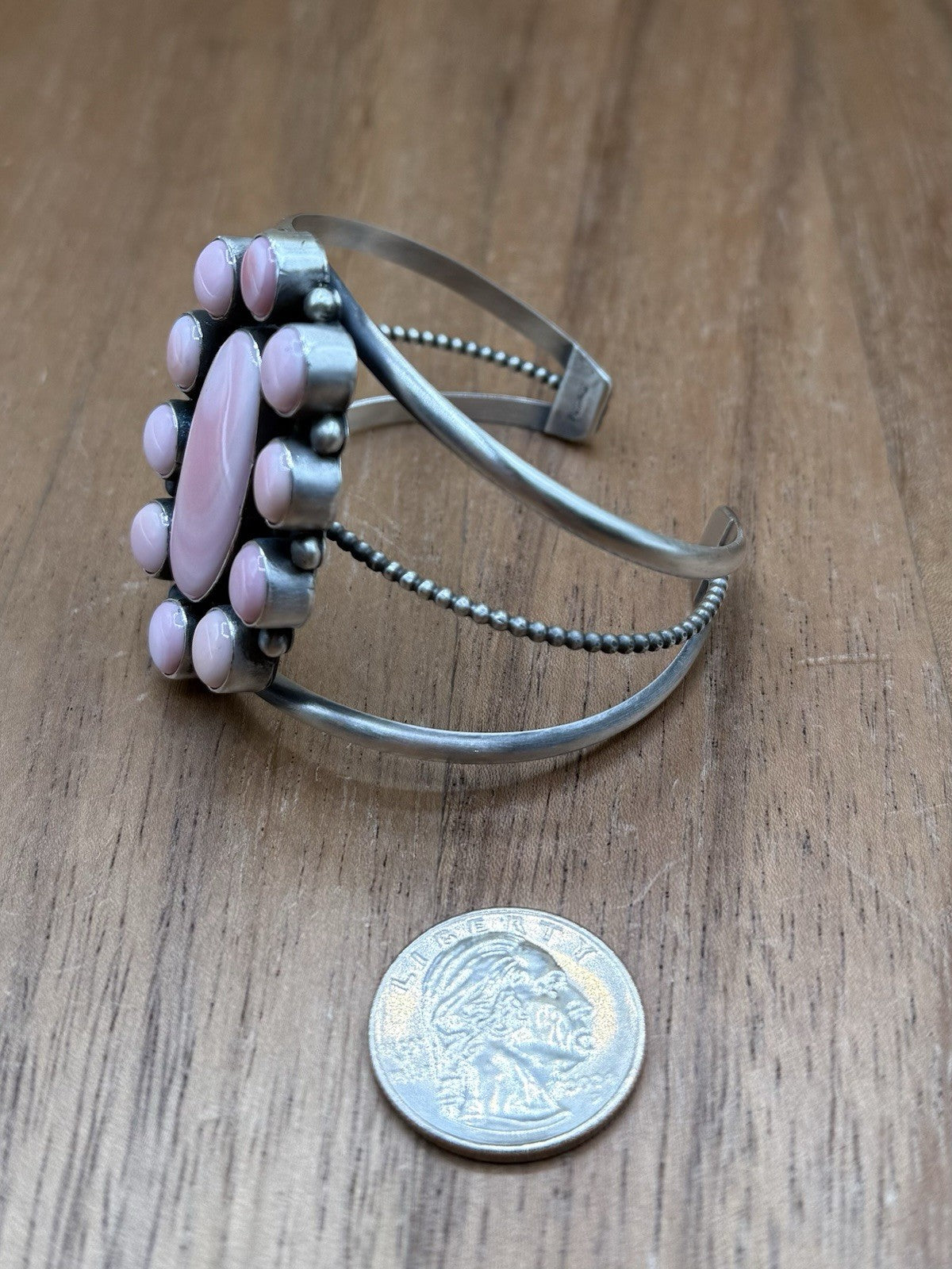 Navajo Handmade Sterling Silver Pink Conch Cluster Cuff Bracelet Large