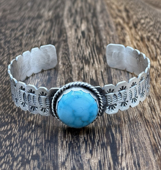 Navajo Handmade Sterling Silver Blue Bird Turquoise Stacker Cuff Bracelet