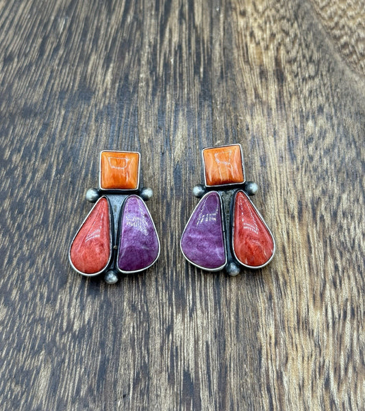 Navajo Handmade Sterling Silver Multi Color Spiny Oyster Shell Cluster Earrings