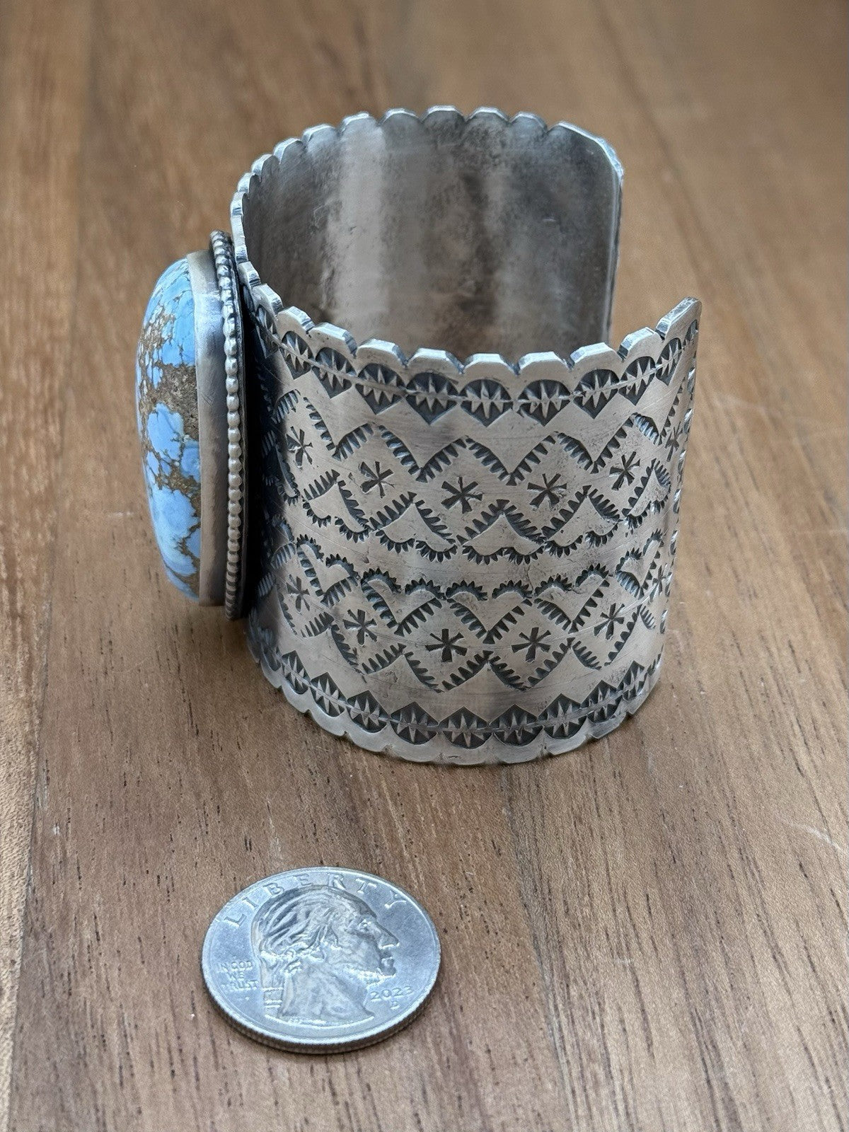 Navajo Handmade Sterling Silver Golden Hills Turquoise Stamped Cuff Bracelet