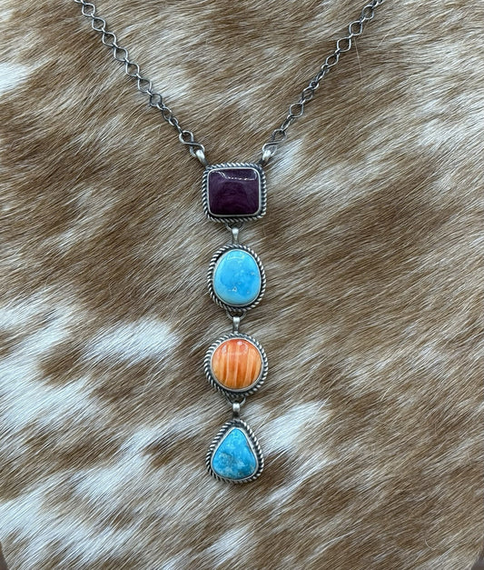 Navajo Handmade Sterling Silver Multi Color Mixed Stone Lariat Necklace 18”