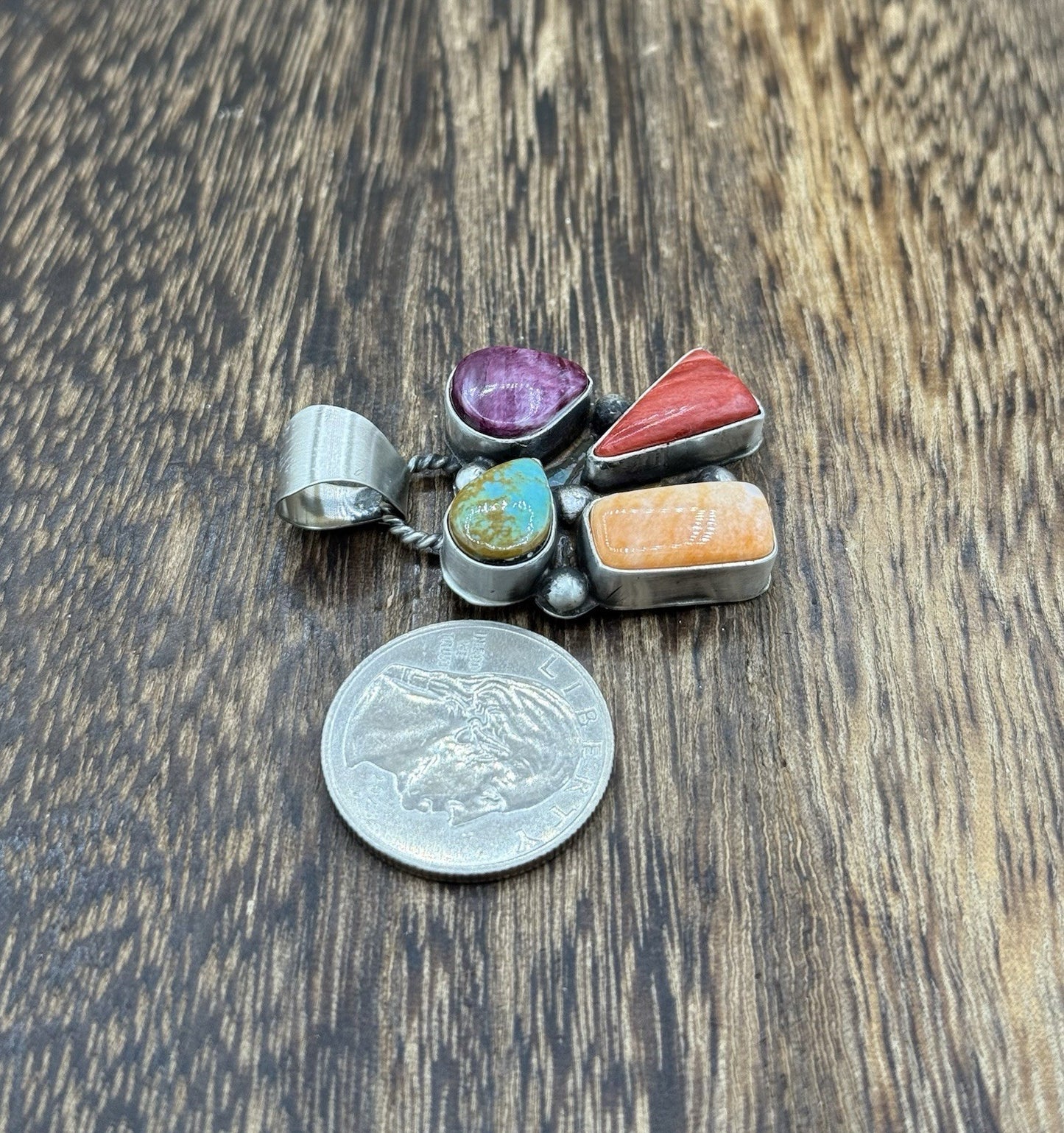 Navajo Handmade Sterling Silver Multi Color Turquoise Spiny Cluster Pendant