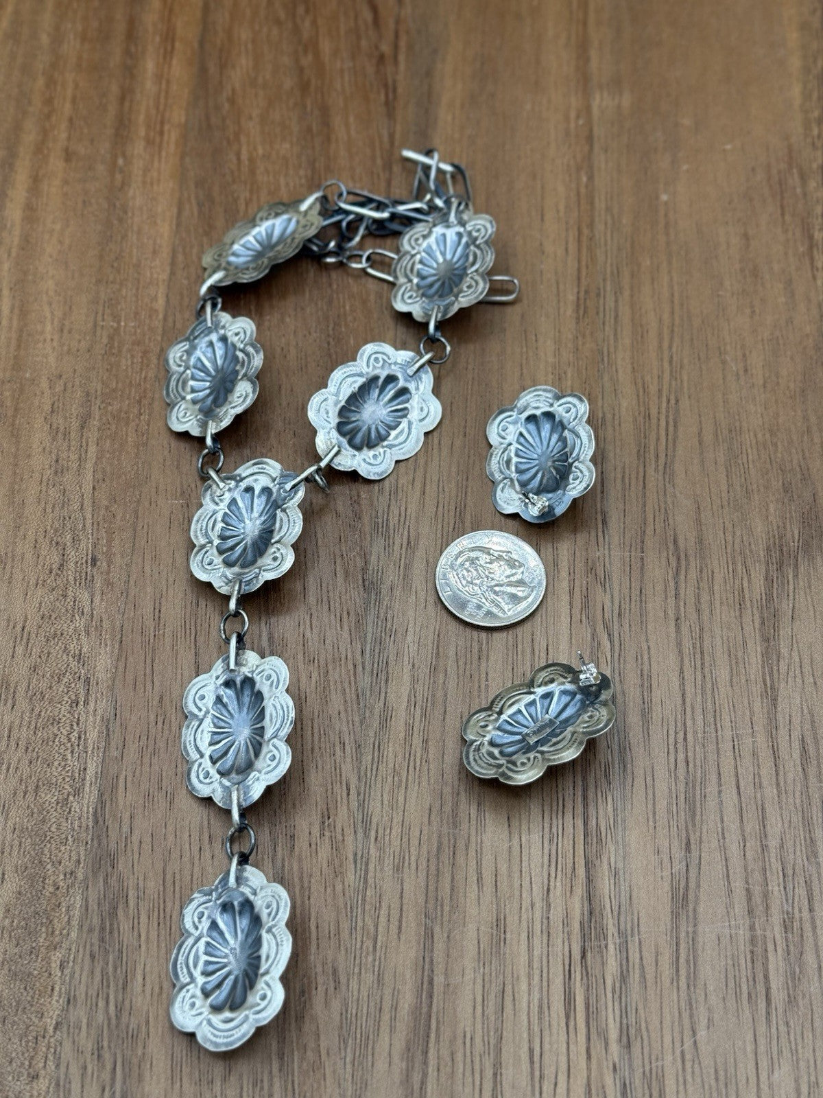 Navajo Handmade Sterling Silver Stamped Concho Turquoise Lariat Necklace Set 18”