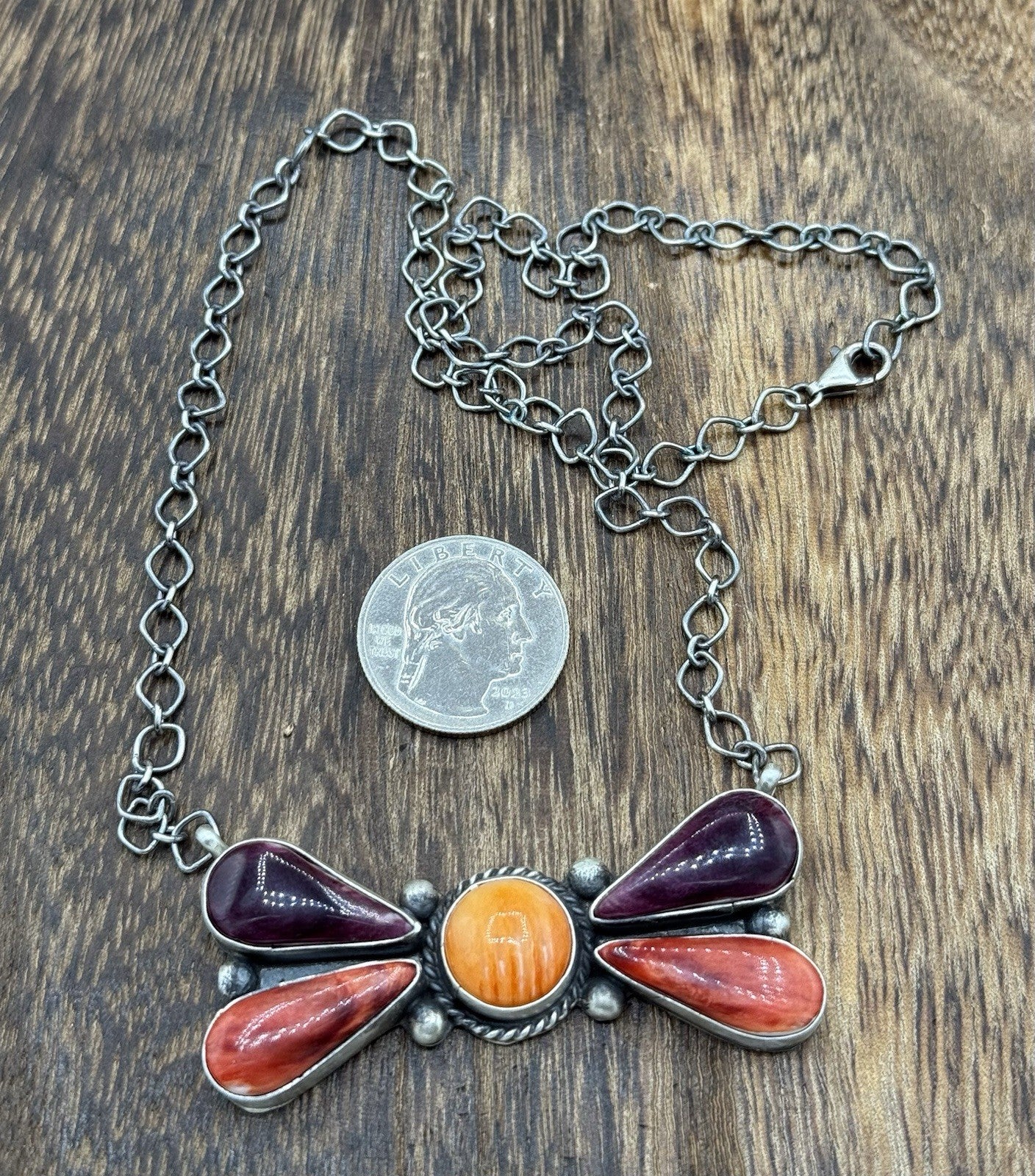 Navajo Handmade Sterling Silver Multi Stone Color Cluster Bar Necklace 18”