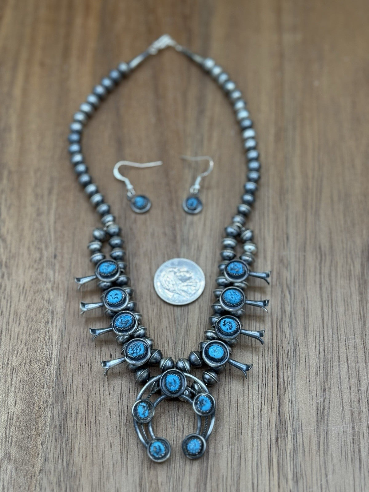 Navajo Handmade Sterling Silver Turquoise Shadowbox Squash Blossom Necklace 17”