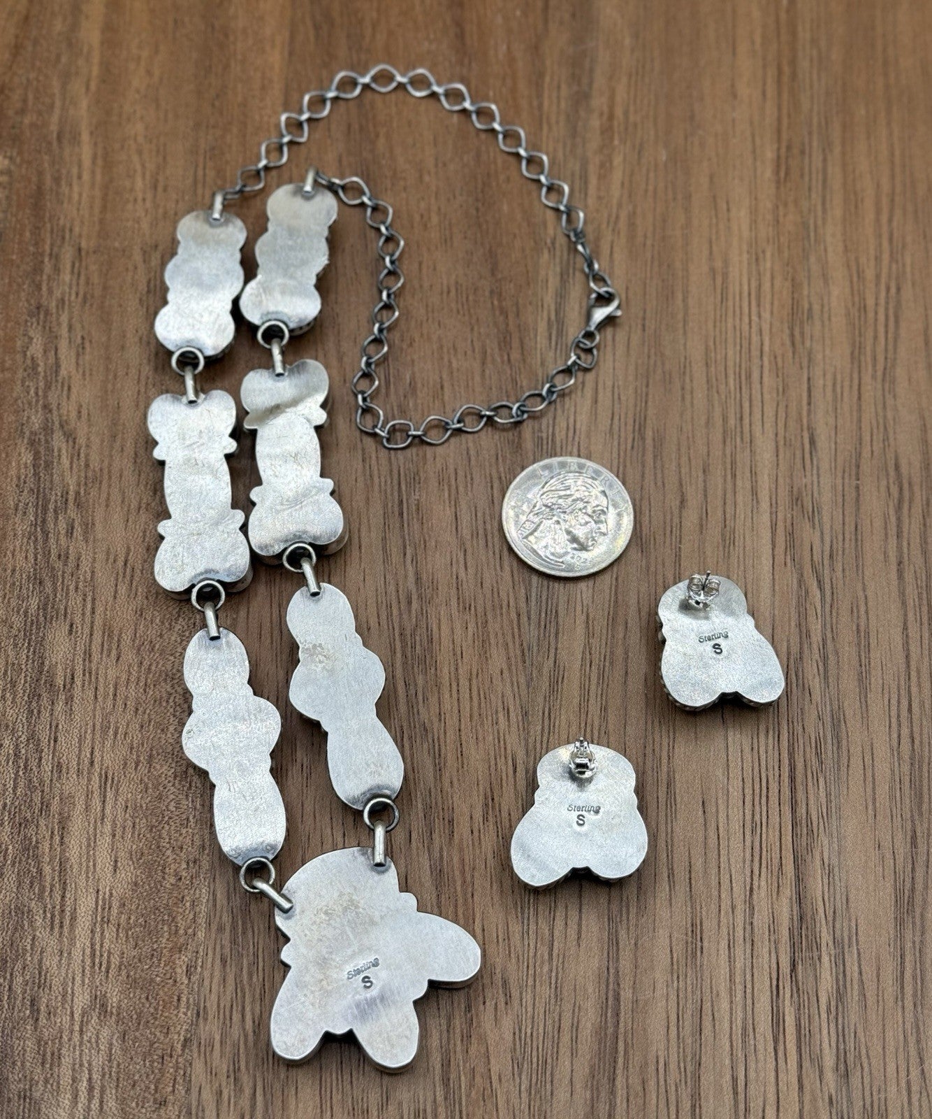 Navajo Handmade Sterling Silver Sonoran Gold Turquoise Cluster Necklace Set 20”