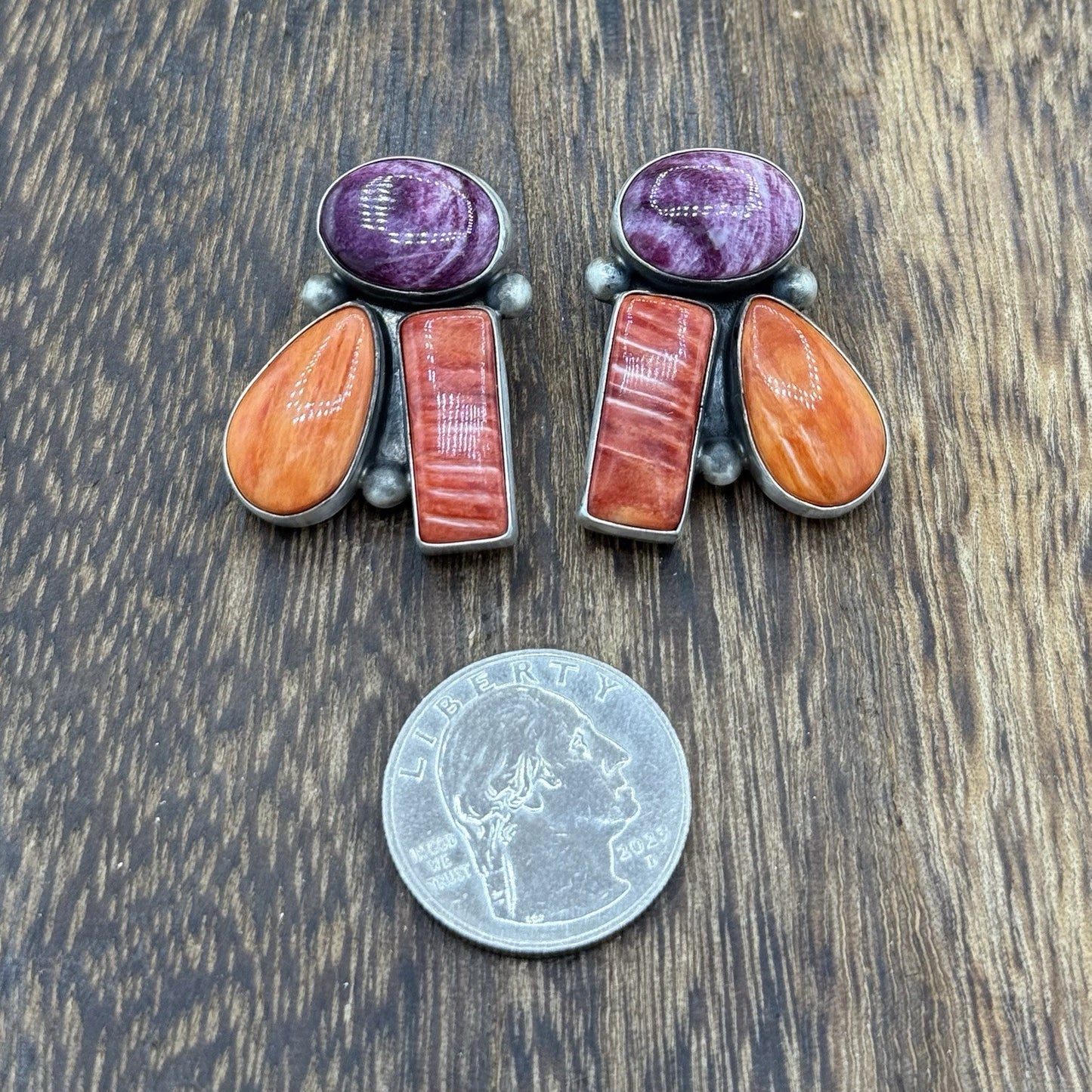 Navajo Handmade Sterling Silver Multi Color Spiny Oyster Post Cluster Earrings