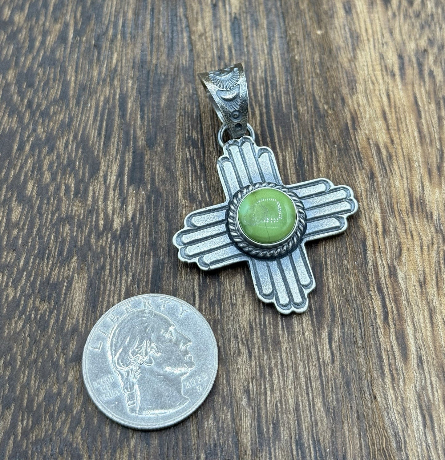 Navajo Handmade Sterling Silver Old Look Sonoran Gold Turquoise Zia Pendant
