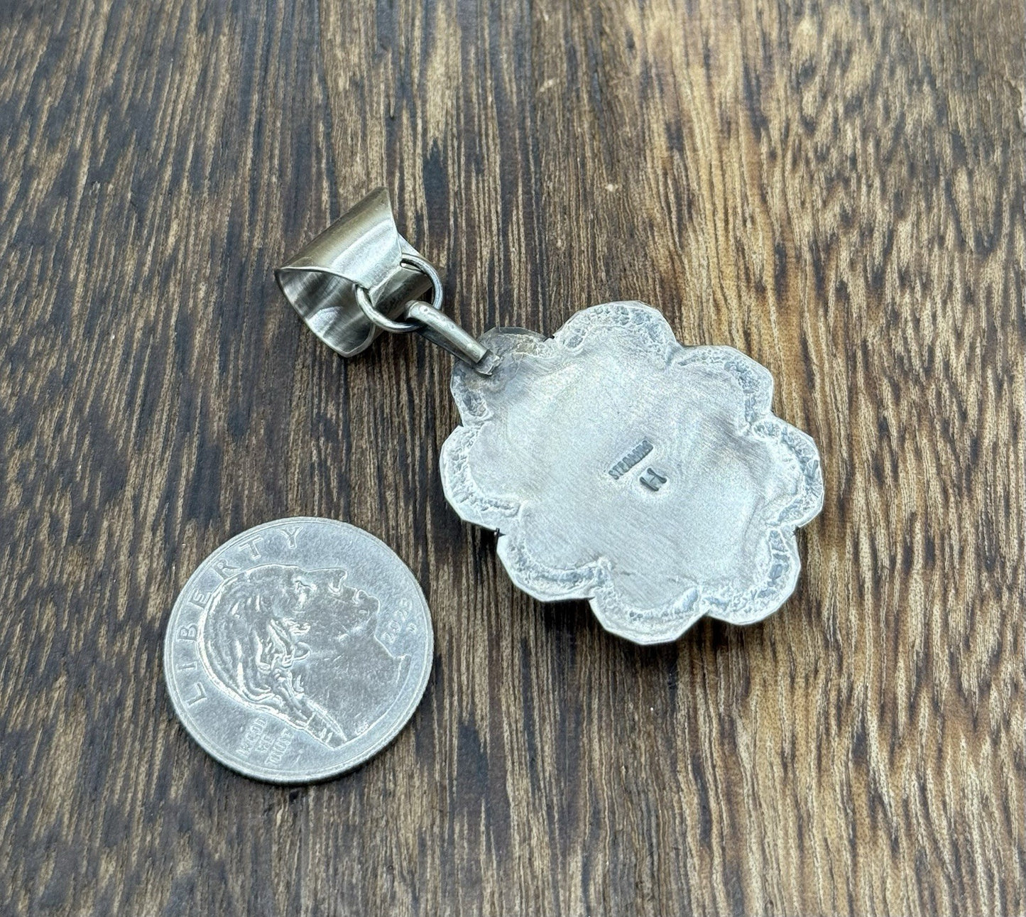 Navajo Handmade Sterling Silver Orange Spiny Oyster Shell Stamped Drop Pendant