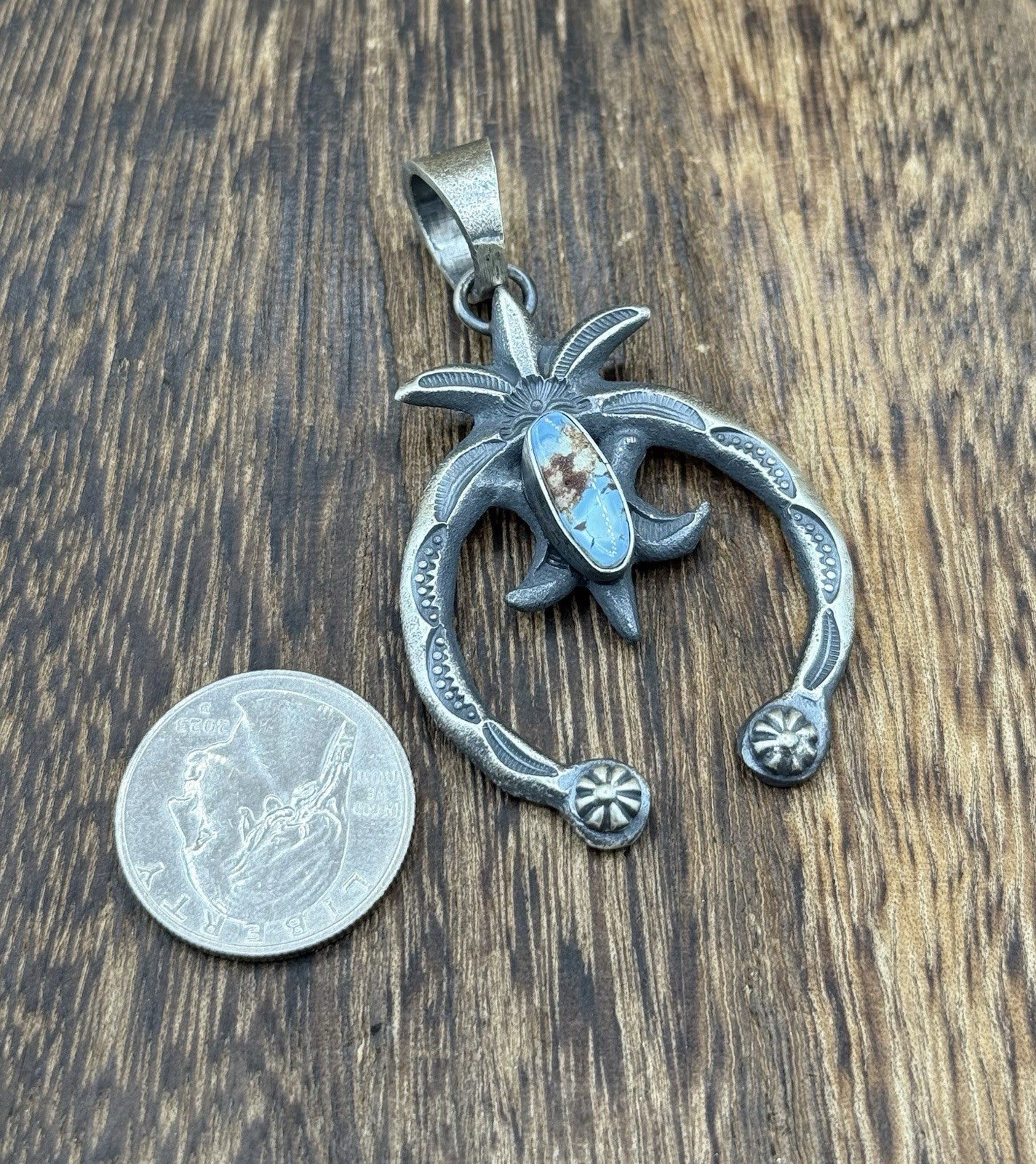 Navajo Handmade Sterling Silver Old Look Golden Hills Turquoise Naja Pendant