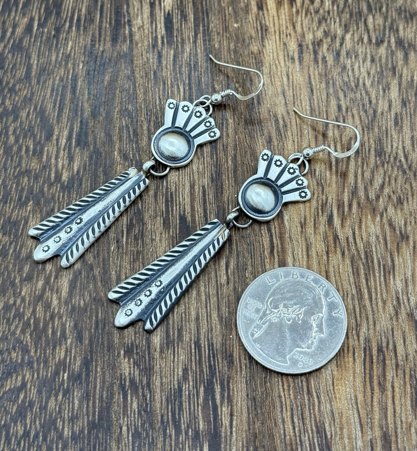 Navajo Handmade Sterling Silver Old Look Stamped Concho Design Dangle Earrings