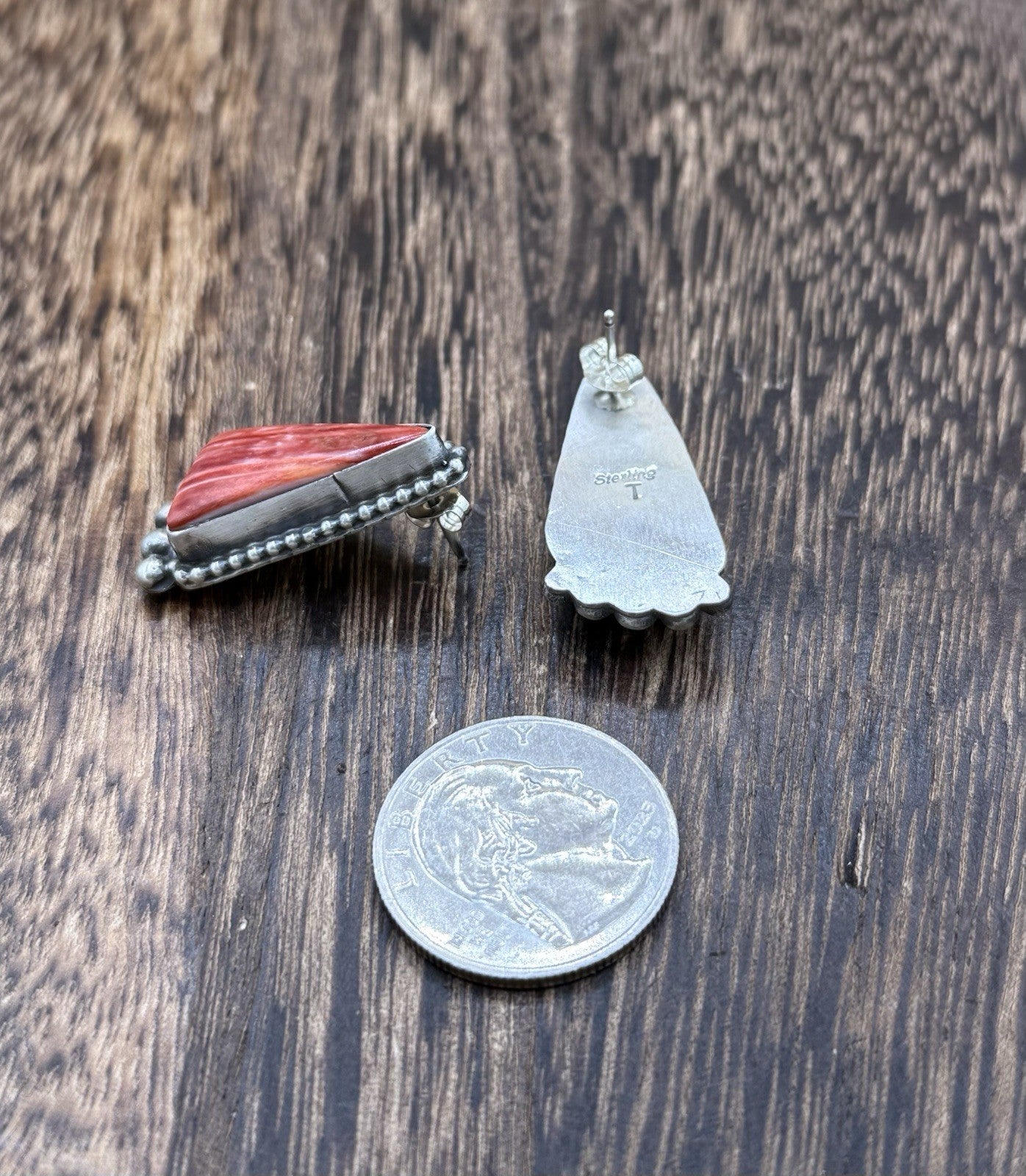 Native Navajo Handmade Sterling Silver Red Spiny Oyster Shell Post Stud Earrings