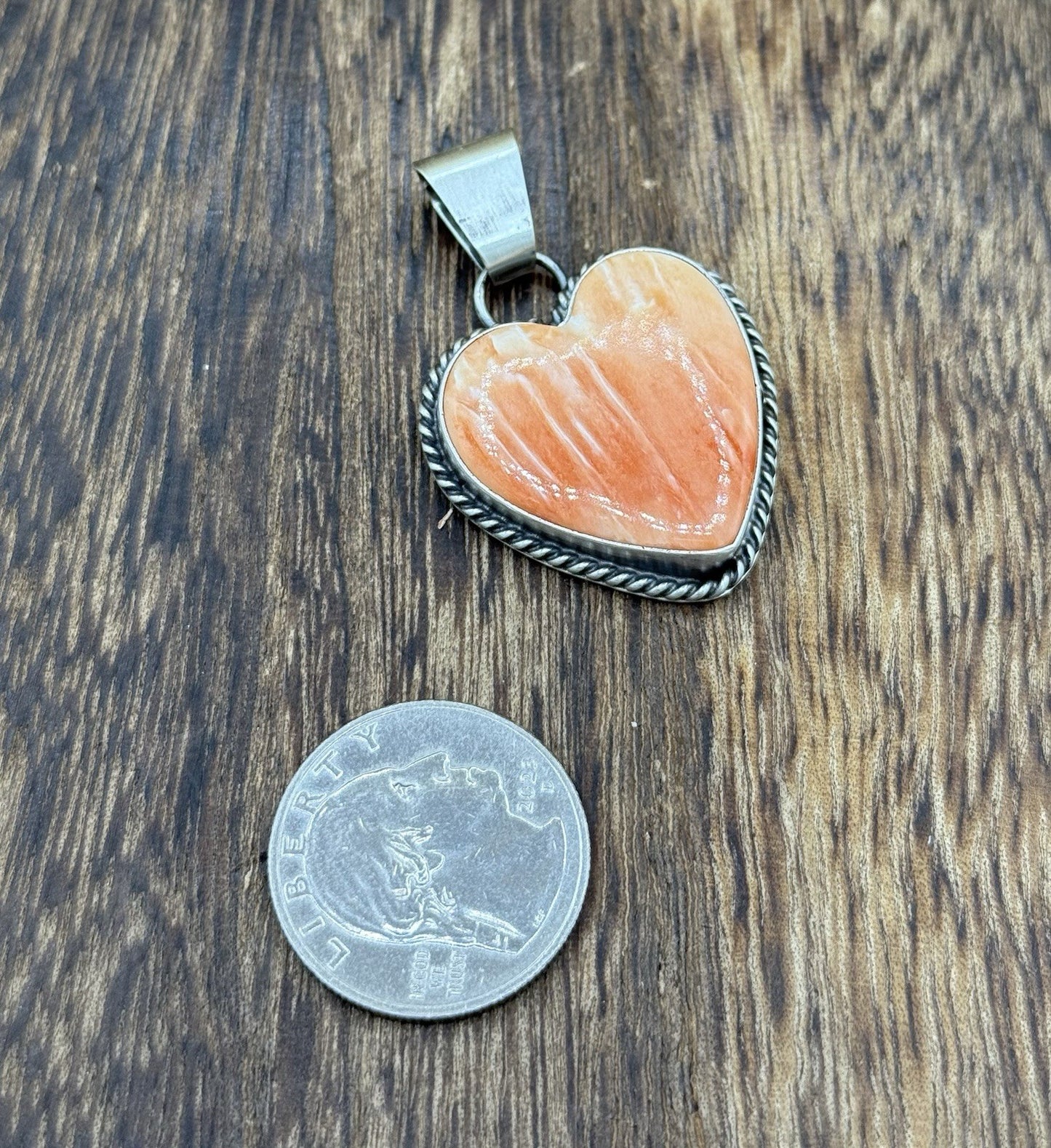 Navajo Handmade Sterling Silver Orange Spiny Oyster Shell Heart Shaped Pendant