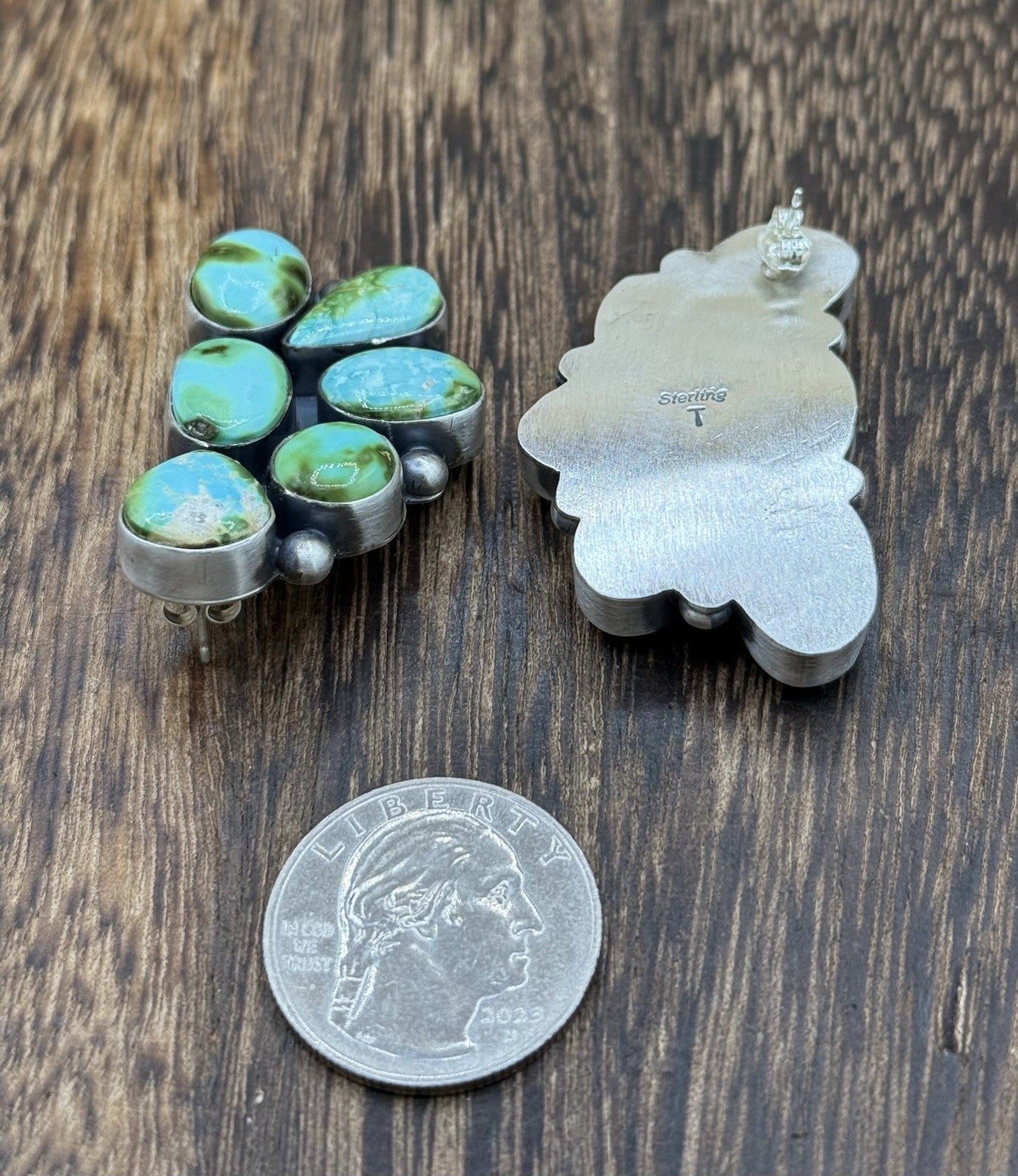 Navajo Handmade Sterling Silver Sonoran Gold Turquoise Half Cluster Earrings