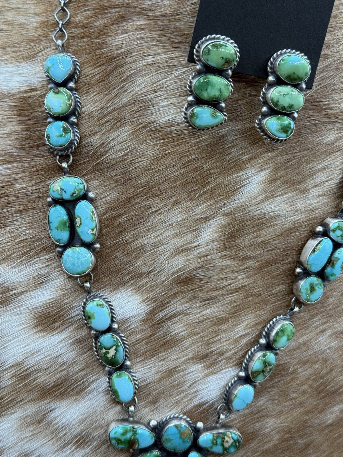 Navajo Handmade Sterling Silver Sonoran Gold Turquoise Cluster Necklace Set 20”