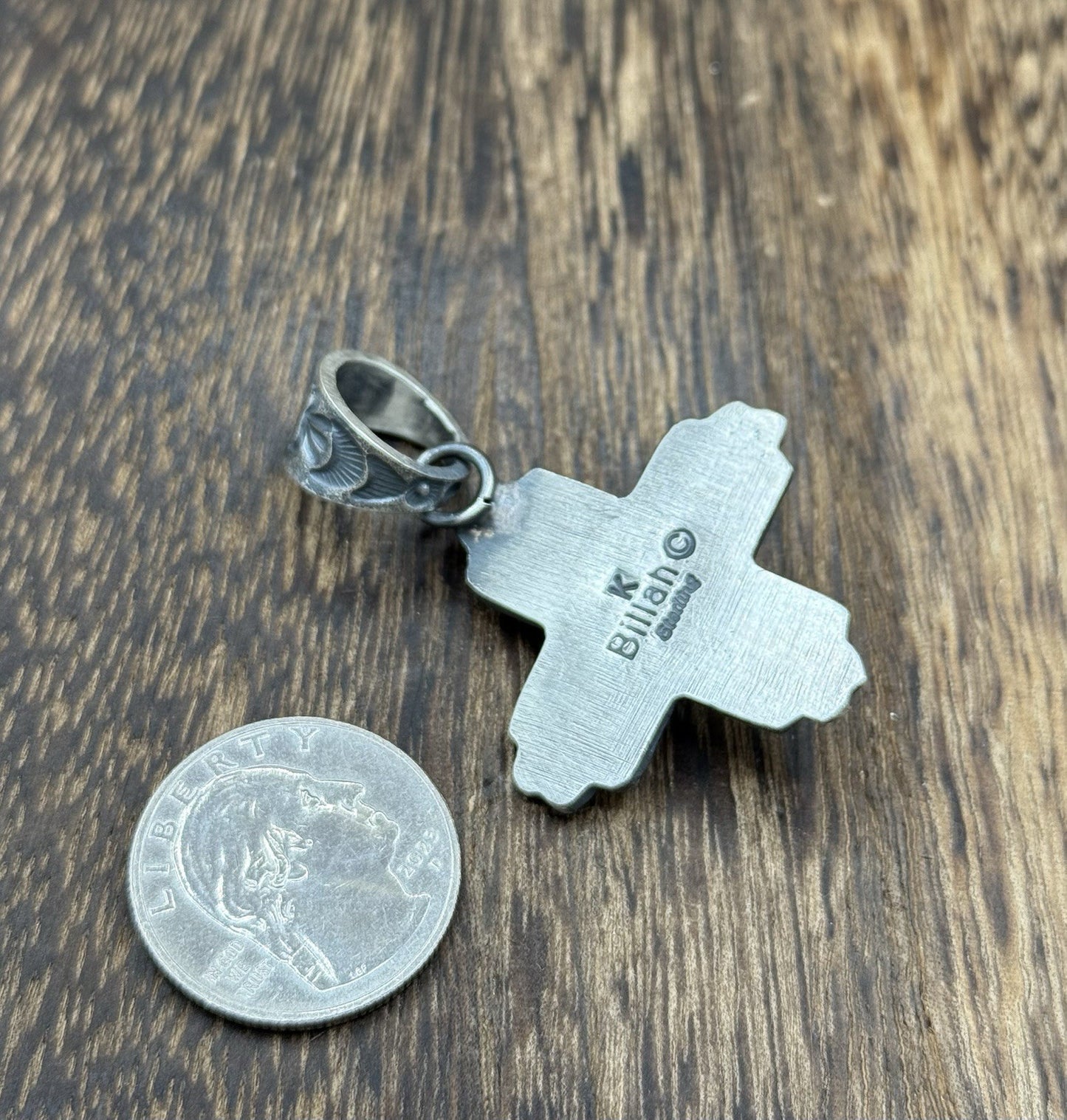 Navajo Handmade Sterling Silver Old Look Kingman Turquoise Zia Pendant Kevin B.