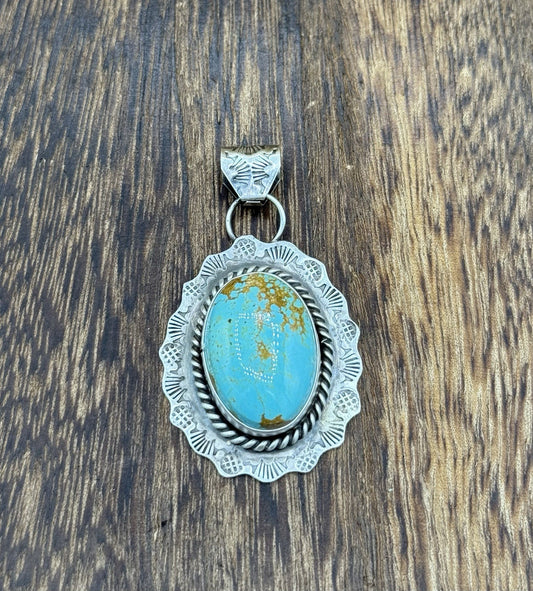 Navajo Handmade Sterling Silver Blue Glacier Turquoise Stamped Drop Pendant