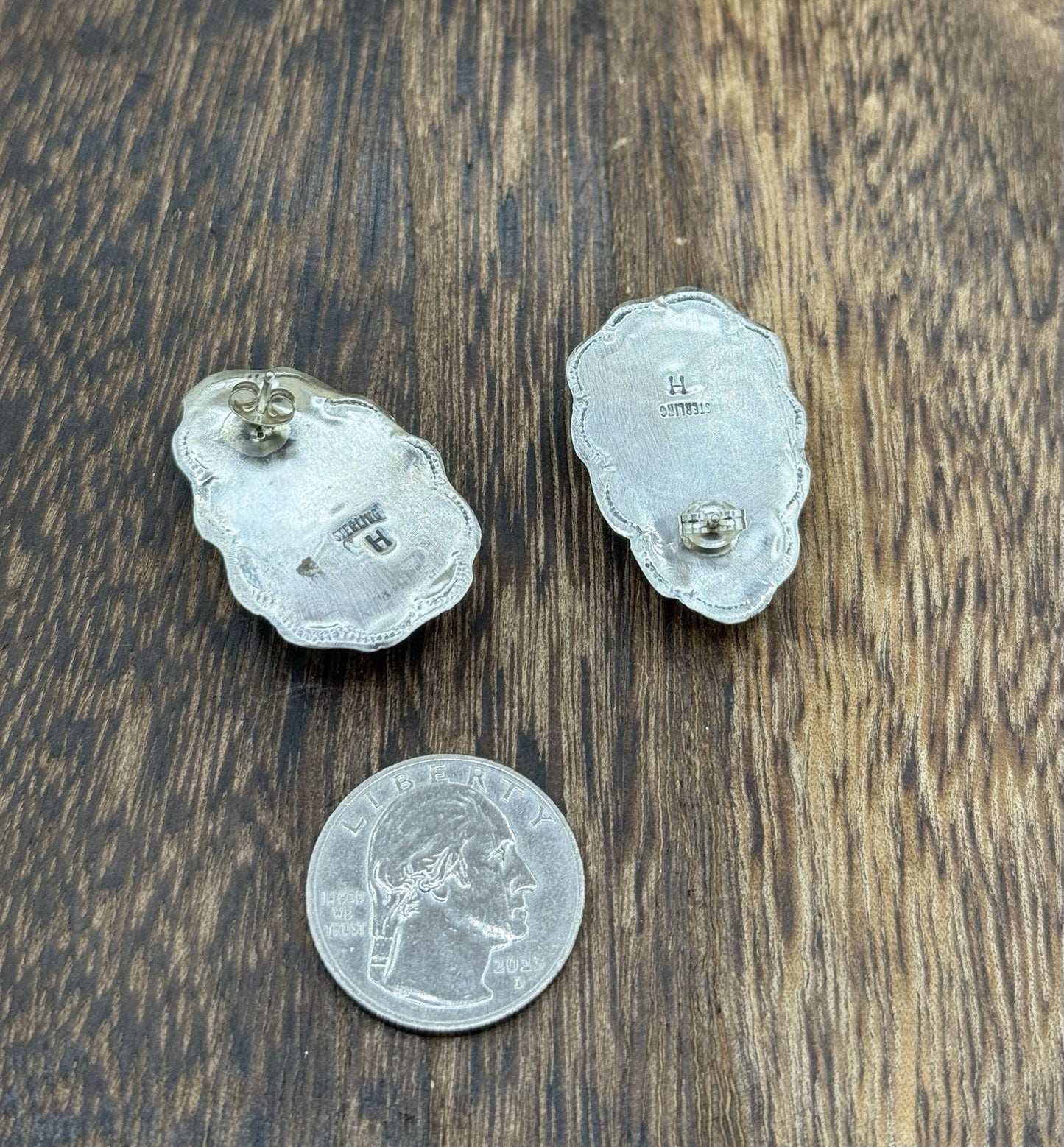 Navajo Handmade Sterling Silver Red Spiny Oyster Shell Stamped Post Earrings