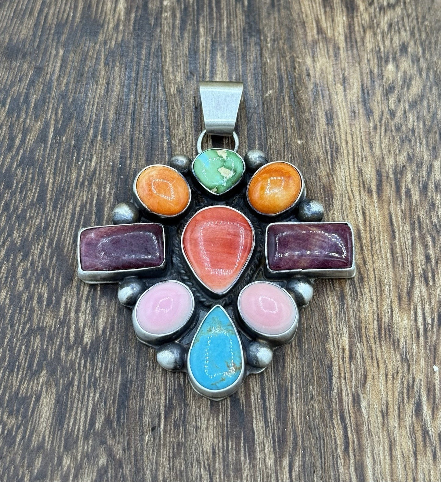 Navajo Handmade Sterling Silver Multi Color Turquoise Spiny Cluster Pendant Lg.