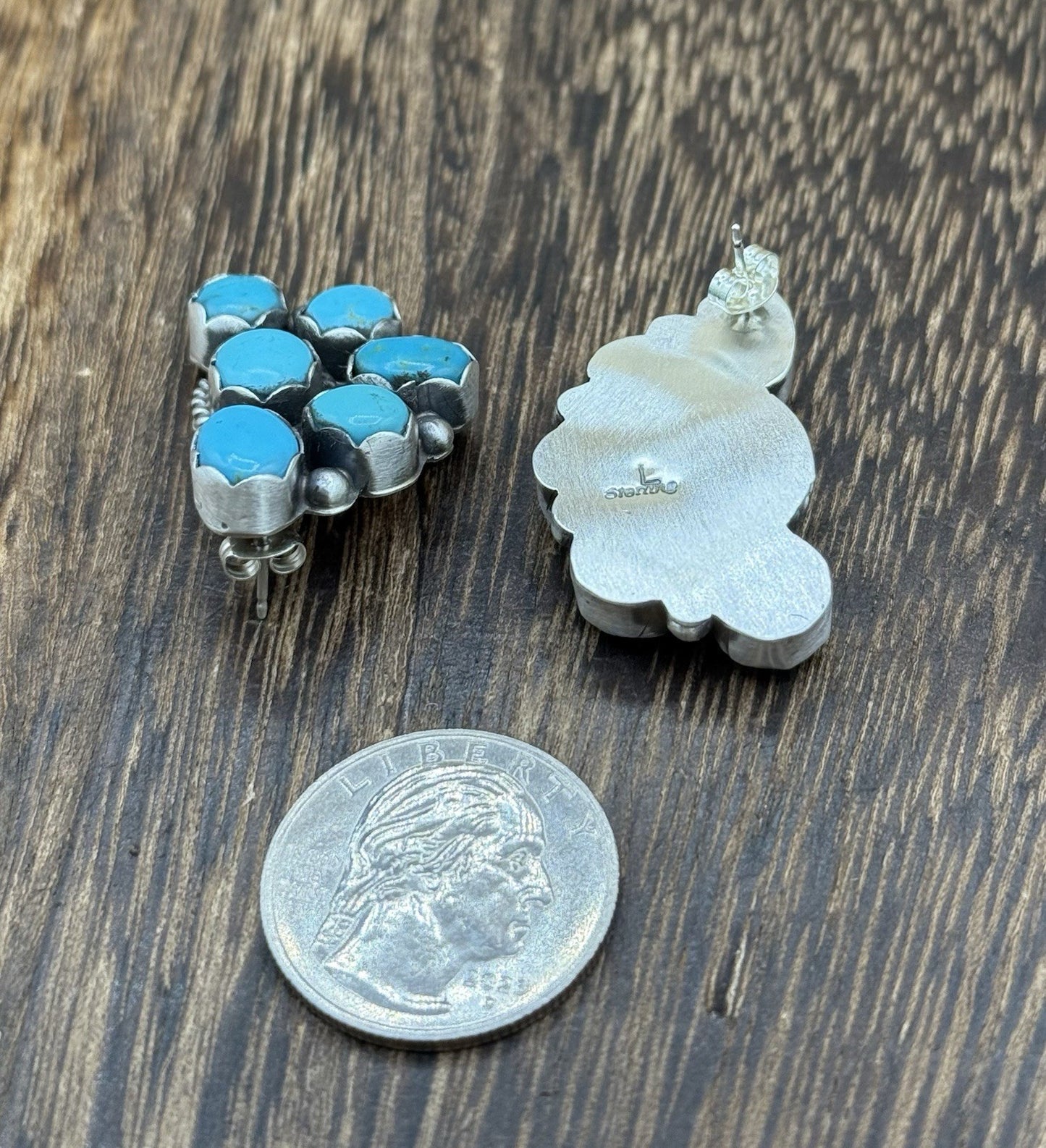 Navajo Handmade Sterling Silver Kingman Turquoise Half Cluster Post Earrings