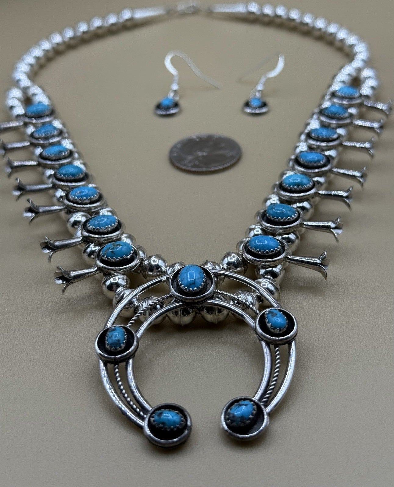 Native American Navajo Handmade Silver Kingman Turquoise Squash Blossom Set 18”