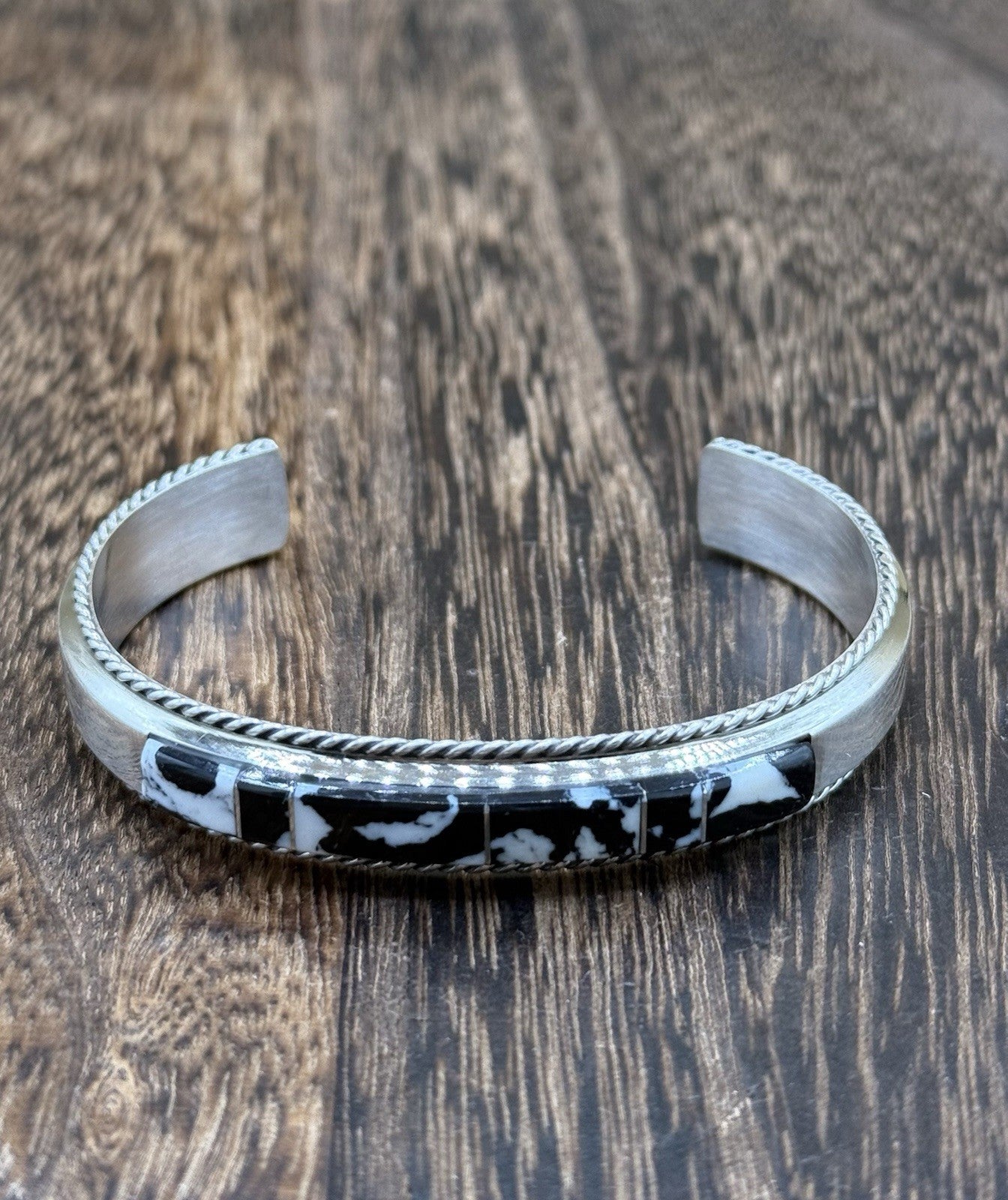 Navajo Handmade Sterling Silver White Buffalo Inlay Cuff Bracelet Francis Yazzie