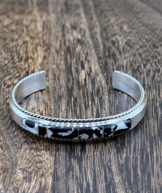 Navajo Handmade Sterling Silver White Buffalo Inlay Cuff Bracelet Francis Yazzie