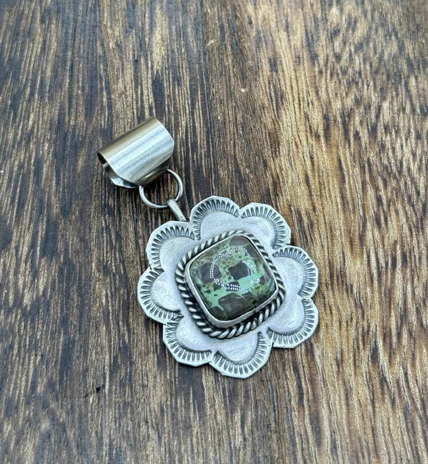Navajo Handmade Sterling Silver Royston Turquoise Stamped Design Drop Pendant