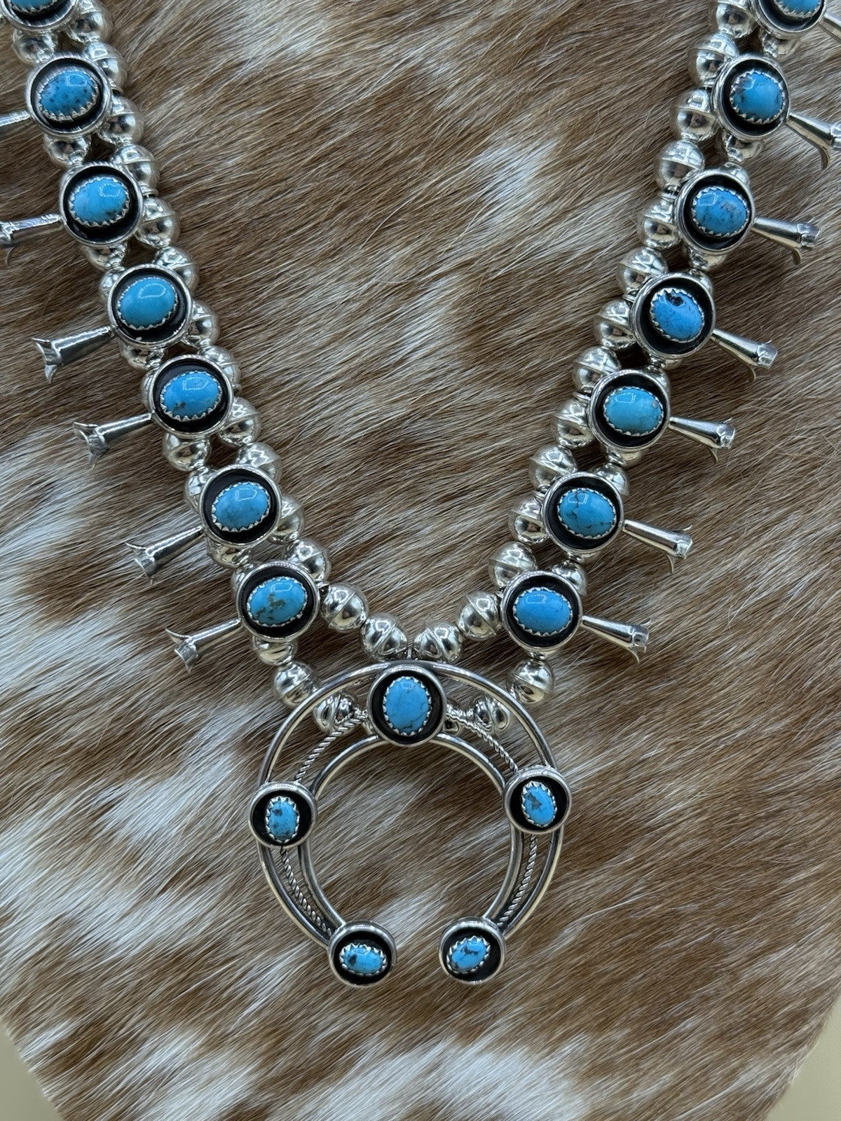 Native American Navajo Handmade Silver Kingman Turquoise Squash Blossom Set 18”