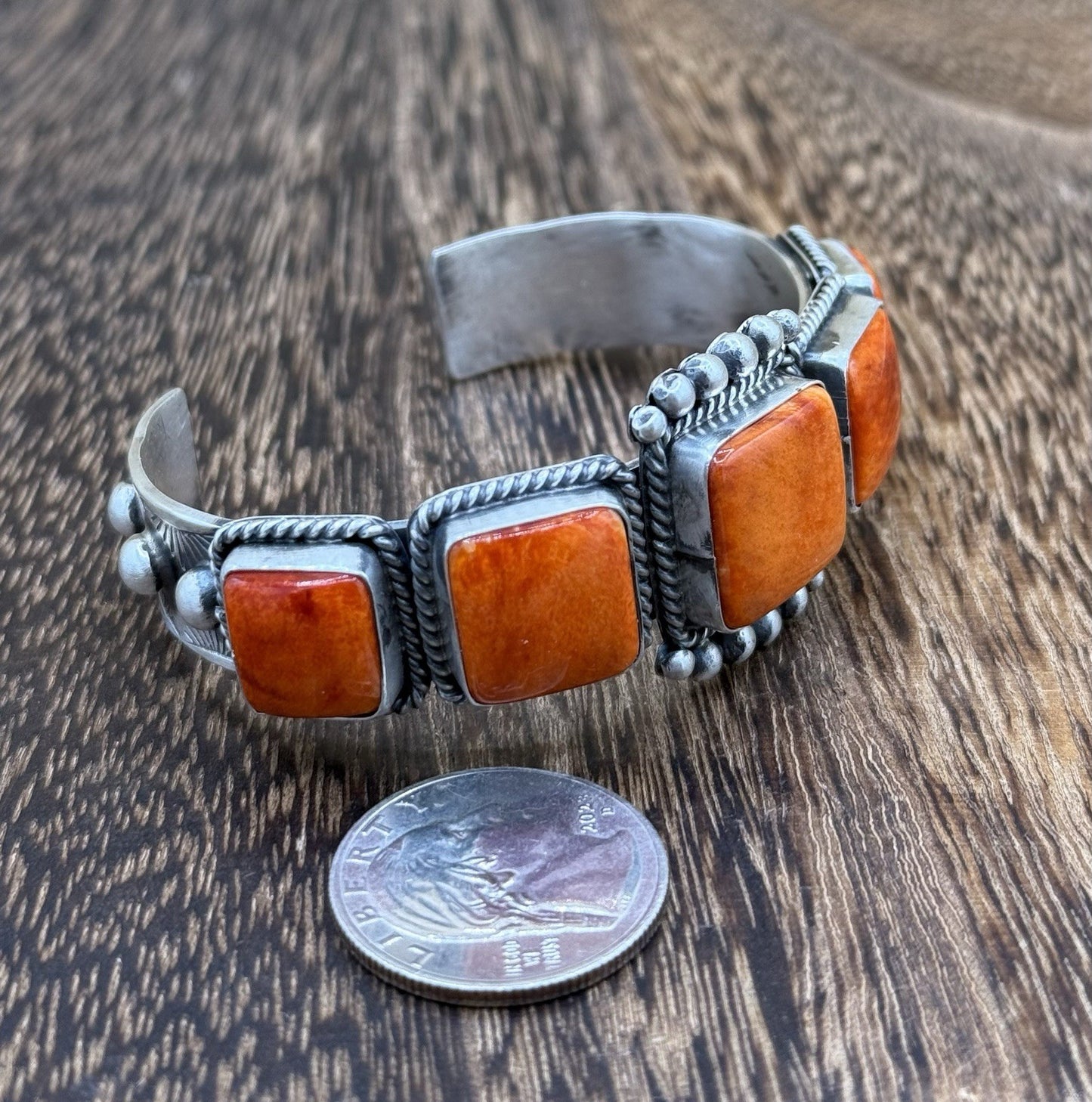 Native Navajo Handmade Sterling Silver Orange Spiny Oyster Shell Cuff Bracelet