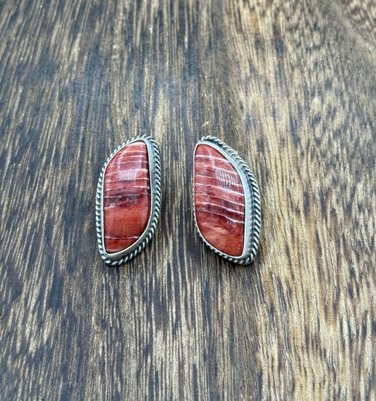 Native Navajo Handmade Sterling Silver Red Spiny Oyster Shell Post Stud Earrings