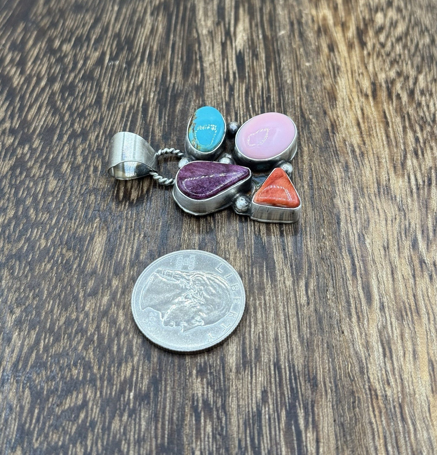 Navajo Handmade Sterling Silver Multi Color Turquoise Spiny Cluster Pendant