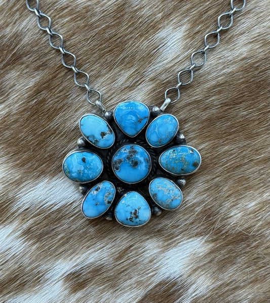 Navajo Handmade Sterling Silver Blue Ridge Turquoise Cluster Bar Necklace 18”