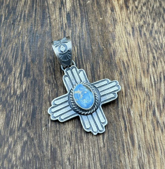 Navajo Handmade Sterling Silver Old Look Golden Hills Turquoise Zia Pendant