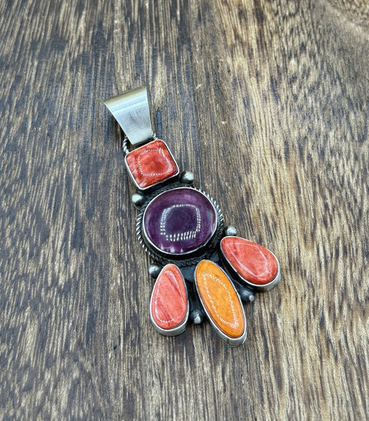 Native Navajo Handmade Sterling Silver Multi Spiny Oyster Shell Cluster Pendant