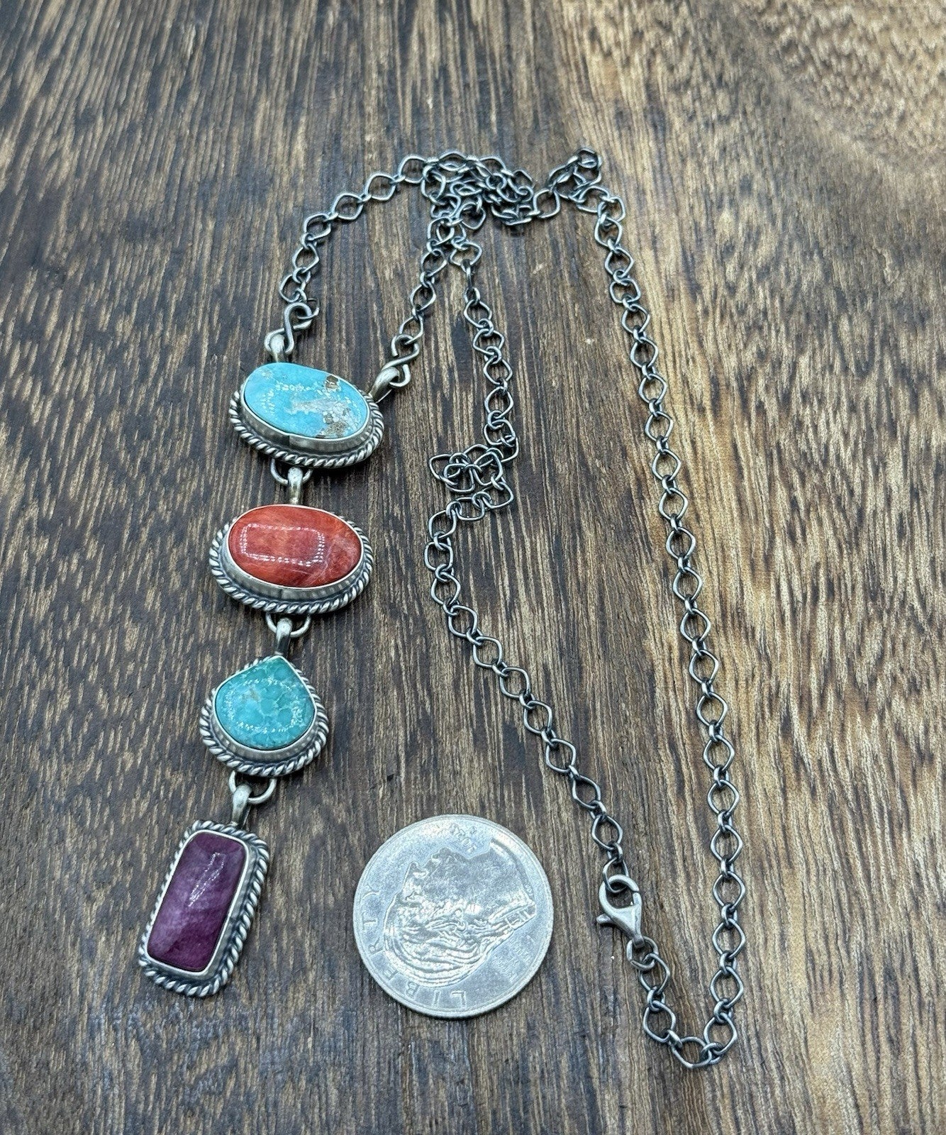 Navajo Handmade Sterling Silver Multi Color Mixed Stone Lariat Necklace 18”