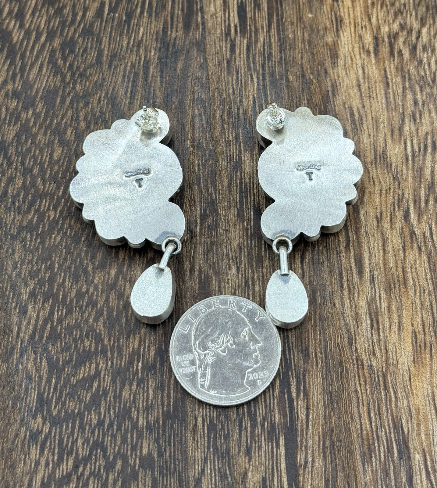 Navajo Handmade Sterling Silver Kingman Turquoise Half Cluster Drop Earrings