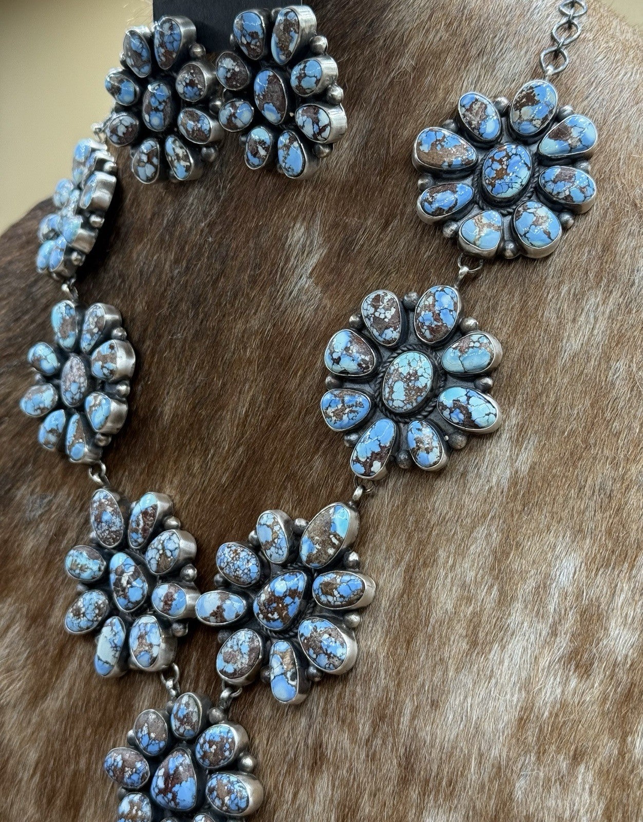 Native Navajo Handmade Silver Golden Hills Turquoise Cluster Lariat Necklace 24”