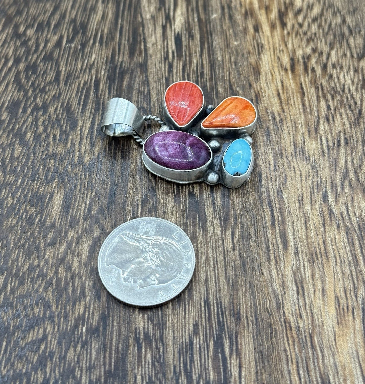 Navajo Handmade Sterling Silver Multi Color Turquoise Spiny Cluster Pendant